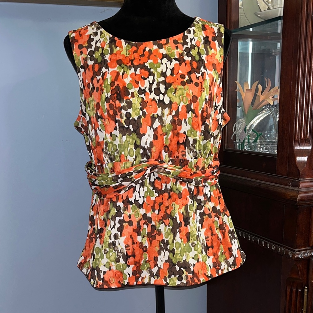 Floral Sleeveless Top - Orange and Green